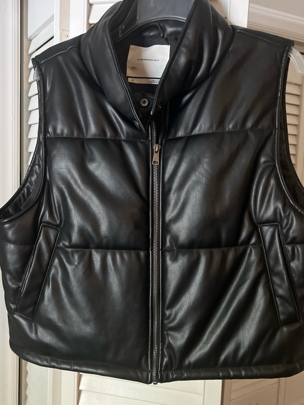 Anthropologie Black Faux Leather Quilted Puffer Vest